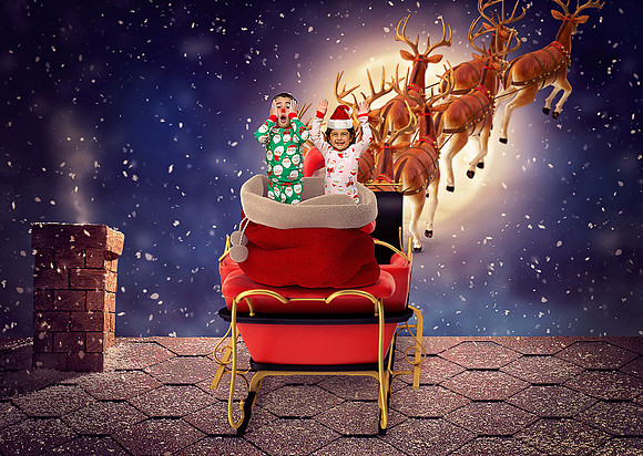 Santa Claus flying in his sleigh